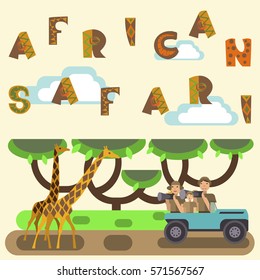 African safari concept with people and animals. Flat isolated eps10 vector illustration. Eco tourism