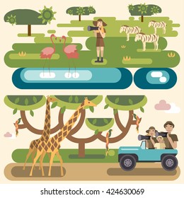 African safari concept set with people and animals. Flat isolated eps10 vector illustration