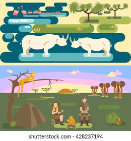 African safari concept set with people and animals, flamingo, rhino, leopard, elephant, snake. Flat isolated eps10 vector illustration. Eco tourism
