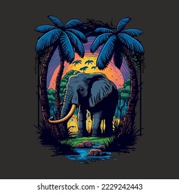 African safari elephant logo - illustration, emblem, Mascot, Badge design on dark background