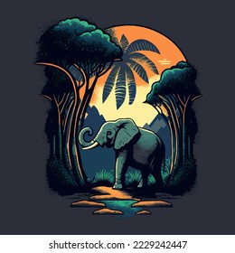 African safari elephant logo - illustration, emblem, Mascot, Badge design on dark background
