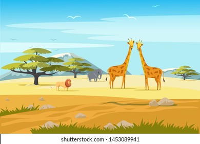 Conceito de banner de vetor plano de safari africano. Turismo tropical, cartaz de recreação exótica. Ilustração de exploração selvagem, savana