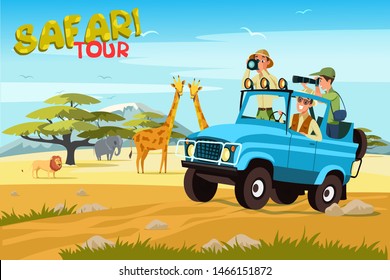 African safari flat vector banner concept. Tourists in jeep taking photos cartoon characters. Tropical tourism, exotic recreation poster. Wilderness, savannah exploration illustration with lettering