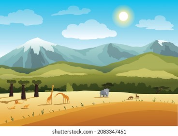 African safari flat vector banner concept. Beautiful nature landscape with cartoon animal characters. Tropical tourism, exotic recreation poster. Wilderness savannah illustration