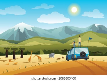 African safari flat vector banner concept. Tourists on car taking photos of cartoon characters. Tropical tourism, exotic recreation poster. Wilderness savannah exploration illustration