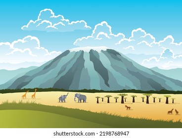 African safari flat vector banner concept. Beautiful nature landscape with cartoon animal characters. Tropical tourism, exotic recreation poster. Wilderness savannah illustration