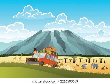 African safari flat vector banner concept. Tourists on car taking photos of cartoon characters. Tropical tourism, exotic recreation poster. Wilderness savannah exploration illustration