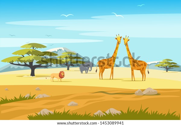 African safari flat vector banner concept.\
Tropical tourism, exotic recreation poster. Wilderness, savannah\
exploration\
illustration