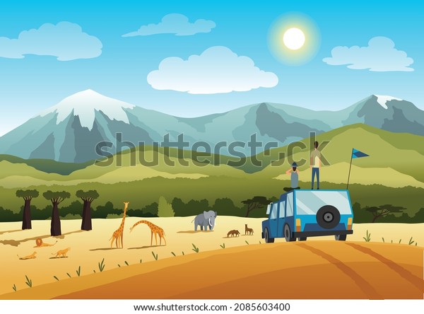 African\
safari flat vector banner concept. Tourists on car taking photos of\
cartoon characters. Tropical tourism, exotic recreation poster.\
Wilderness savannah exploration\
illustration