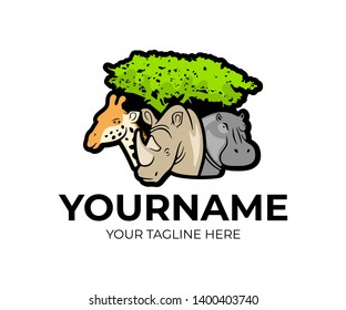 African safari, giraffe, rhino and hippopotamus under a tree, logo design. Animals, nature, national park and zoo, vector design and illustration