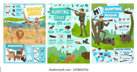 African Safari Hunt, Wild Animals Hunting Season Posters. Vector Hunter Ammo Equipment Rifle Guns And Traps Of Sport Hunt For Lion, Bear Or Deer And Elk, Forest Hunting Infographics On World Map
