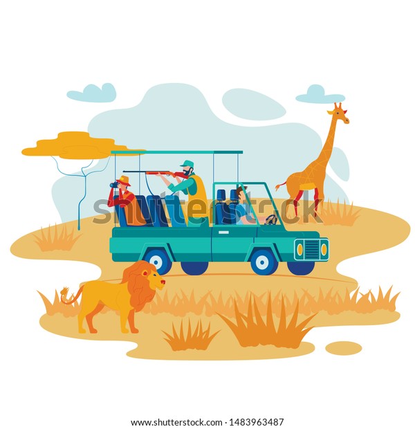 African\
Safari Hunting Flat Vector Illustration. Man with Shotgun Shooting\
in Lion Cartoon Characters. Hunters Group Driving Car in Wild\
Desert. African Savannah Animals and\
Wildlife
