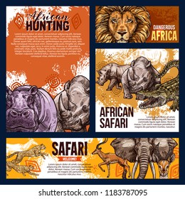 African Safari Hunting Sketch Banners And Posters For Open Season Or Hunt Adventure. Vector Wild Animals In Africa Savanna Lion, Elephant Or Crocodile And Gazelle With Rhinoceros