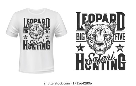 African safari hunting, vector t-shirt print with wild leopard animal. Hunting sport club and safari adventure leopard panther muzzle head with stars symbol for t shirt