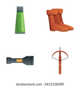 African safari icons set cartoon vector. Various safari equipment. African adventure