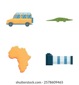 African safari icons set cartoon vector. Safari outdoor adventure equipment. Travel concept