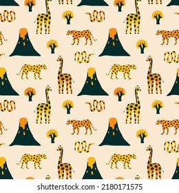 African safari landscape with leopard, giraffe, snake and volcano hand drawn vector illustration. Cute exotic animals seamless pattern for kids fabric or wallpaper.