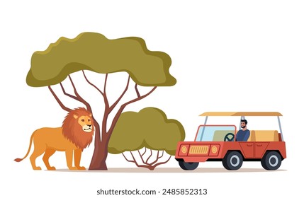 Safari africano. Hombre en coche todoterreno conduce a través de la sabana africana y mira a los animales tropicales y exóticos. Vector