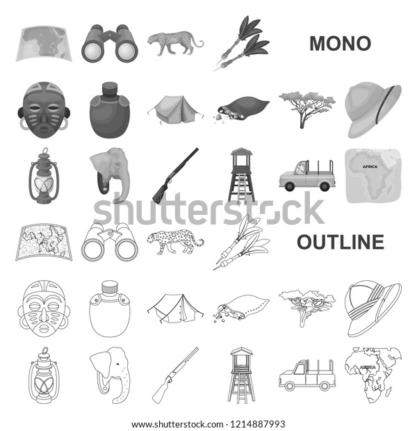 African Safari monochrom icons in set\
collection for design. Trophies and equipment for Safari vector\
symbol stock web\
illustration.
