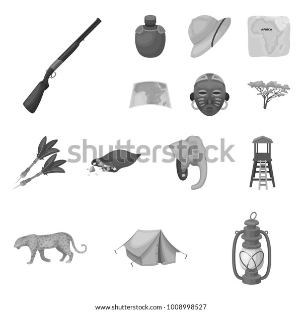 African Safari monochrome icons in set\
collection for design. Trophies and equipment for Safari vector\
symbol stock web\
illustration.