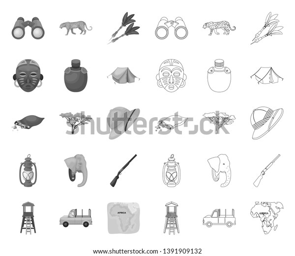 African Safari mono,outline icons in set\
collection for design. Trophies and equipment for Safari vector\
symbol stock web\
illustration.