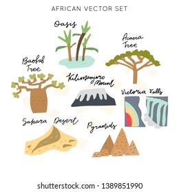 African safari Nature Objects clipart vector set. Hand drawn elements in paper-cut style. Nature inspired simple geometry shapes, textured illustration.