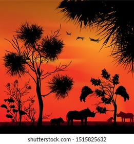 African safari nature with silhouettes of african wild rhino animals at red sunset. Savannah trees and grass. Realistic landscape. Vector illustration Art