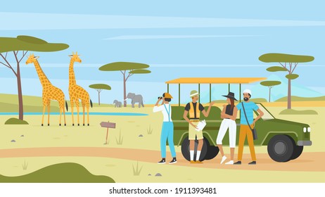 African safari nature tour vector illustration. Cartoon man woman tourist characters group with binoculars and car, landscape tourism in Africa, savannah exploration expedition adventure background