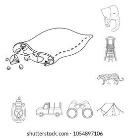 African Safari outline icons in set collection for design. Trophies and equipment for Safari vector symbol stock web illustration.