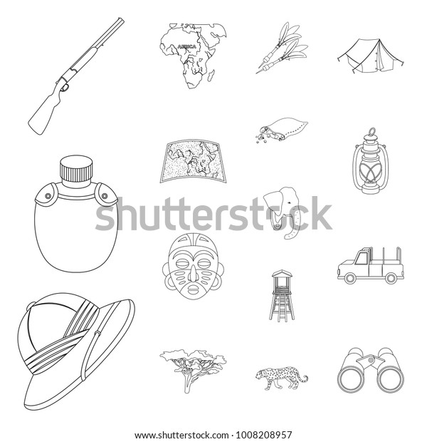 African Safari outline icons in set\
collection for design. Trophies and equipment for Safari vector\
symbol stock web\
illustration.