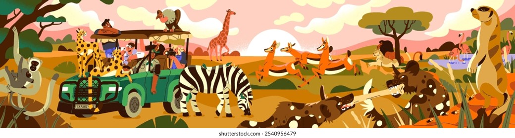 Safari africano vista panorámica. Los turistas felices viajan en la sabana en coche, observan a los animales salvajes de África. Las Personas toman Fotos de la vida silvestre durante un recorrido por el paisaje de la sabana. Ilustración vectorial plana