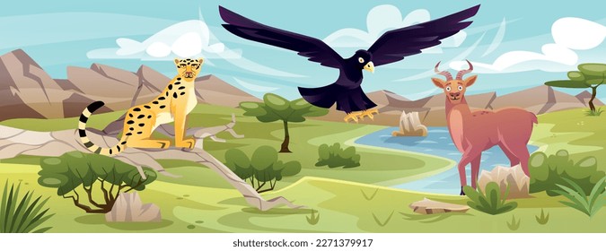 Parque safari africano con animales. Sabana con guepardos, halcones y antílopes. Paisaje con rocas, campos de césped, río, arbustos y árboles. Vida silvestre y medio ambiente. Dibujo vectorial plano de dibujos animados