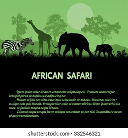 African Safari poster. Wild animals silhouettes on green with space for your text, vector illustration