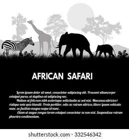 African Safari poster. Wild animals silhouettes on white with space for your text, vector illustration