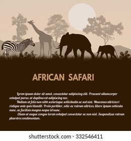 African Safari poster. Wild animals silhouettes on retro style with space for your text, vector illustration