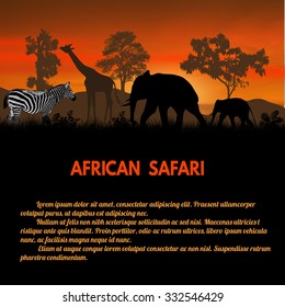 African Safari poster. Wild animals silhouettes on sunset with space for your text, vector illustration