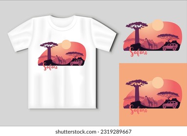 African safari silhouetes with an SUV and giraffe at sunset. Travel concept with t-shirt mockup. Vector Illustration