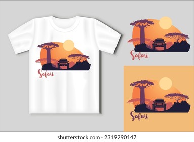 African safari silhouetes with an SUV and sunset. Travel concept with t-shirt mockup. Vector Illustration