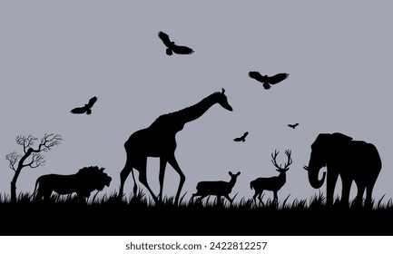 An African safari silhouette animal landscape scene vector illustration background.