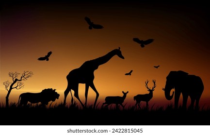 An African safari silhouette animal on sunrise, sunset landscape scene vector illustration nature background.