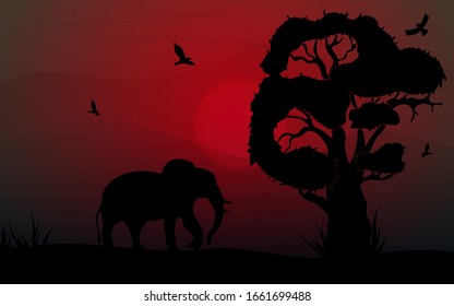 African safari theme with elephant and birds in a beautiful place with a tree, vector illustration. Can be used for travel or safari banner, poster design, desktop.