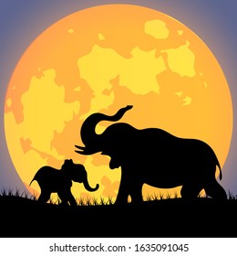 African safari theme with elephants in front of the full moon in a beautiful place, vector illustration. Can be used for travel or safari banner, poster design, desktop.