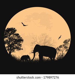 Tema africano del safari con elefantes frente a la luna llena en un lugar hermoso, vecto ilustración