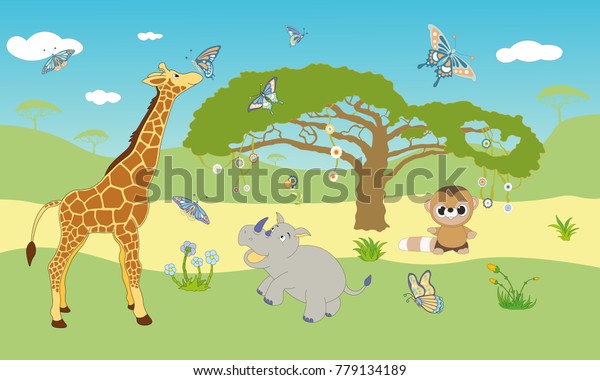 African safari  themed green happy wallpaper for kids room, high quality vector objects