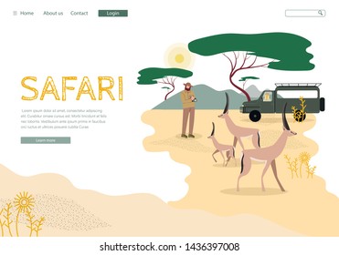 African Safari Tour Landing Page Vector Template. Africa Wildlife and Nature Exploration Website Homepage Flat Layout. Savannah Expedition, Road Trip. Tourist Photographing Antelopes Illustration