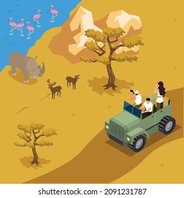 African safari tour tourists taking photos of animals isometric 3d vector concept for banner, website, illustration, landing page, flyer, etc.