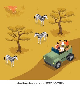 African Safari Tour Tourists Taking Photos Of Zebra Isometric 3d Vector Concept For Banner, Website, Illustration, Landing Page, Flyer, Etc.