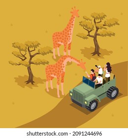 African Safari Tour Tourists Taking Photos Of Giraffe Isometric 3d Vector Concept For Banner, Website, Illustration, Landing Page, Flyer, Etc.