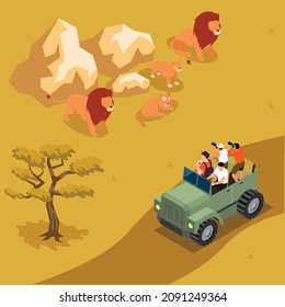 African Safari Tour Tourists Taking Photos Of Lions And Curbs Isometric 3d Vector Concept For Banner, Website, Illustration, Landing Page, Flyer, Etc.