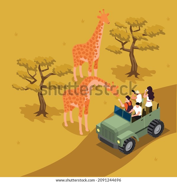 African safari tour tourists taking photos of\
Giraffe isometric 3d vector concept for banner, website,\
illustration, landing page, flyer,\
etc.